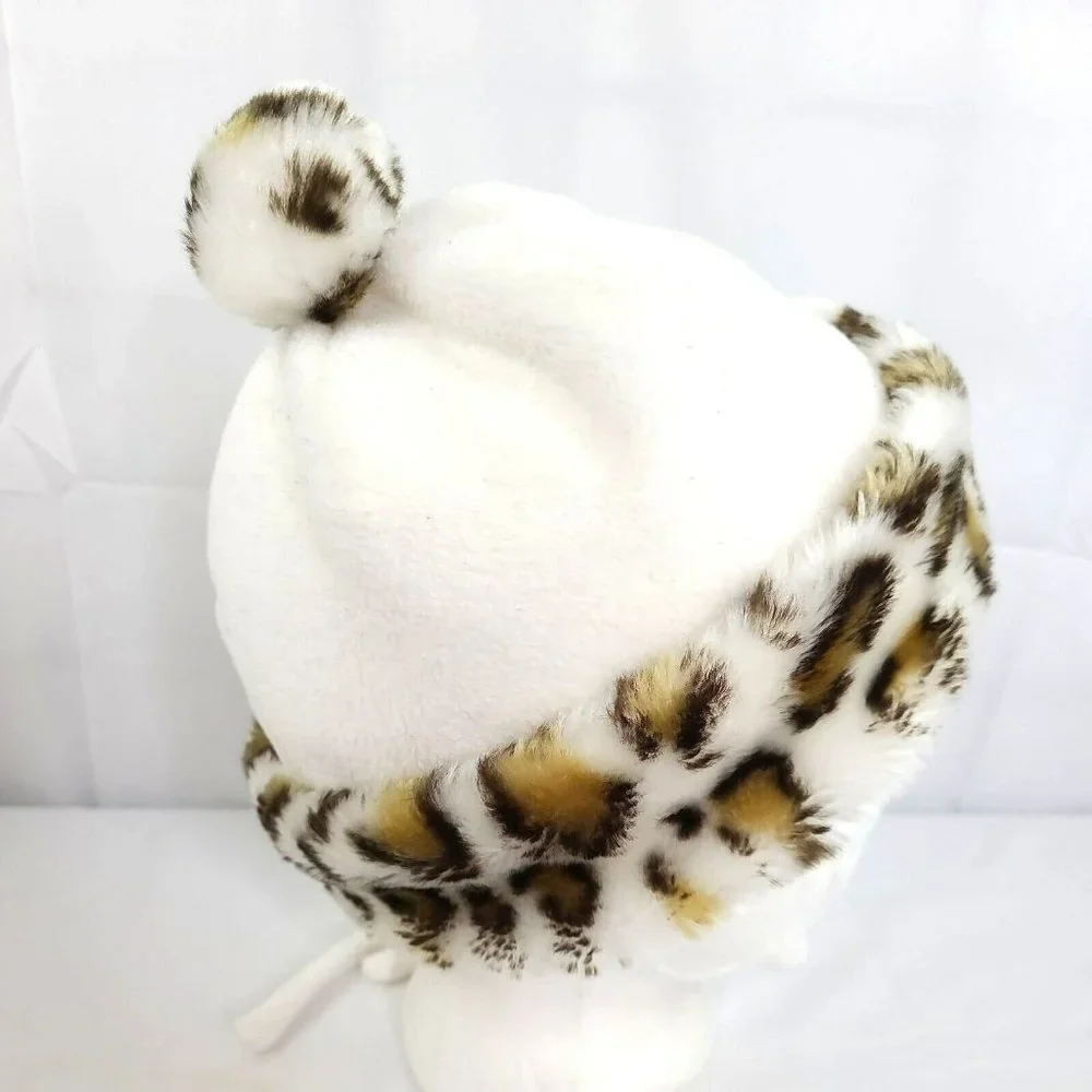 EUC Animal Leopard Print Youth 2-4T Trapper Beanie Cap Hat Ivory Earflap Tie - Picture 4 of 7